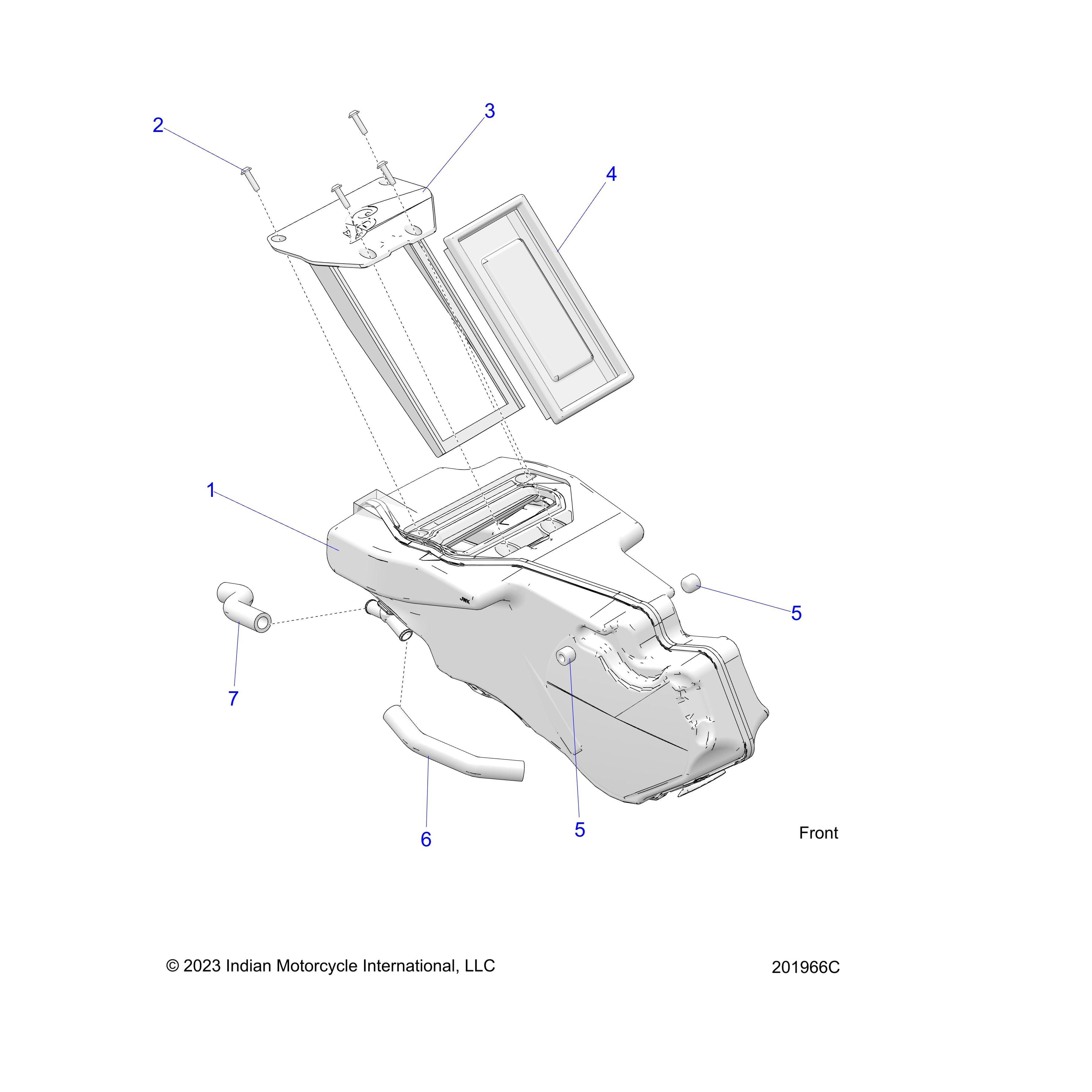 Line drawing of a motorcycle fuel tank assembly with labeled parts (1-7), such as the tank, open filler cap, connecting hoses, and location for the Polaris Air Filter. The side view of the tank shows its front orientation.