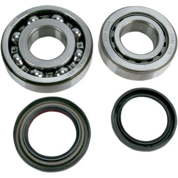 Four mechanical parts—two metal main bearings and two rubber oil seals—are shown. These Honda Crankshaft Bearings by Hot Rods could be part of a crankshaft seal kit, with visible steel balls and smooth sealing surfaces.