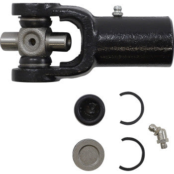 The Yoke Propeller Shaft With U Joint by Epi features a black SCR440 steel yoke, cap, two snap rings, a zerk grease fitting, and two metal plugs—all shown on a white background. Perfect for precise U-joint repairs.
