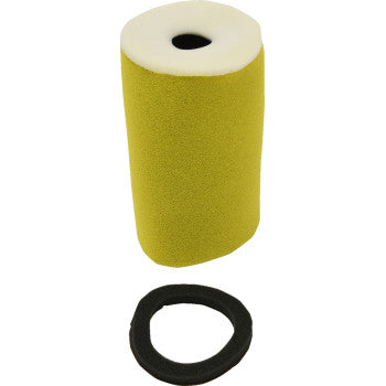 The Yamaha Replacement Air Filter by All Balls is a cylindrical yellow foam filter with a white top and central hole, shown on a white background with a separate black foam ring below it—an OEM replacement designed for reliable filtration.