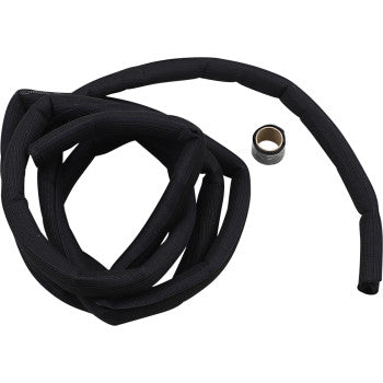 The Split Wire Sleeve - 1 by DEI, shown coiled in black with a small metal ring on a white background, provides durable protection for your cables.