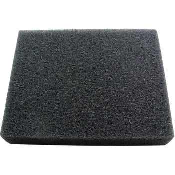 The Skid Plate Foam 8 X 10 by Uni Filter features a slightly textured black surface and rectangular shape—perfect for mud protection or as padding under an engine skid plate. Shown angled against a white background.