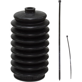 Black flexible rubber steering rack boot with accordion folds, shown with two black plastic zip ties.