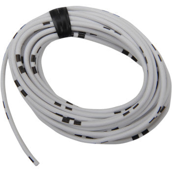 The 13' Wire Spool 14 A 12 V White by Shindy is a coiled length of white cable with black markings, secured with a black band, and features OEM colors.