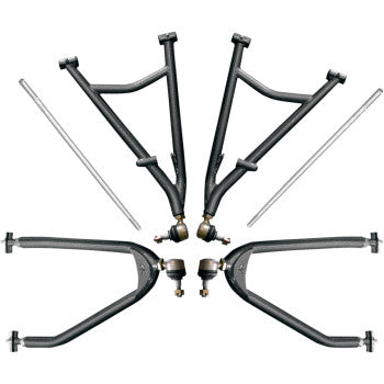 Four black Yamaha YFZ A-Arms (Lone Star Racing, extends 2" forward, 1", 18.25" shock length) and two silver rods are symmetrically arranged on a white background, likely as suspension parts for Yamaha Raptor.