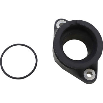 The Suzuki Moose Carburetor Mounting Flange by Moose Offroad is a black OEM-quality plastic or rubber flange with two bolt holes, shown with a matching circular O-ring on a white background.