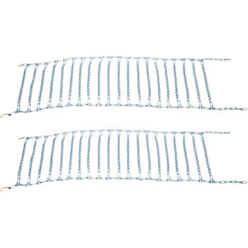 The Kimpex Tire Chains V Bar 2 Space 16 x 59 Pair, made from durable hardened steel with parallel cross-links, are laid flat side by side on a white background to enhance traction.