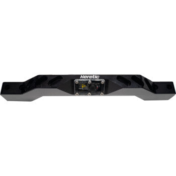 The Roof Rack Handle with Light by Heretic is a black, rectangular 6061 CNC aluminum bracket with angled sides, cutouts, the Heretic logo, and an integrated central electronic light component.