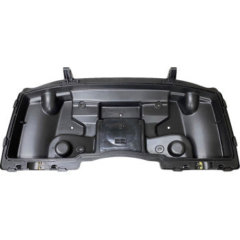 Polaris Sportsman Front Lower Storage Box Replacement by Quad Logic: black plastic box with molded contours, mounting points, and two large circular openings for secure gear storage, shown from above on a white background.