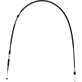The Polaris Black Vinyl Throttle Cable by Moose Offroad features a flexible black PVC jacket, steel inner casing, metal fittings, and exposed wire ends. It is shown arched against a white background.