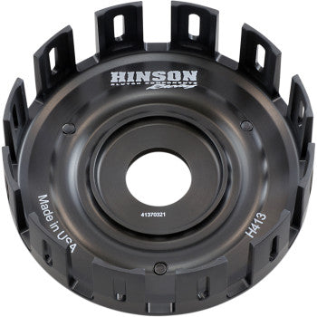 A black Clutch Basket by Hinson Racing, crafted from billet T-6 aluminum with rectangular edge cutouts, features "Hinson Racing" on top and "Made in USA H413" on the side.