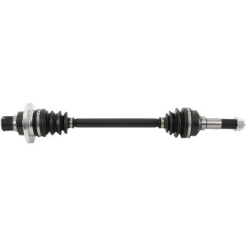 The Yamaha Axle Kit Complete 8 Ball Extreme Duty Rear Left Rhino by All Balls features a black and silver chromoly axle shaft with rubber boots, metal joints, precision ball bearings, and threaded ends shown on a white background.