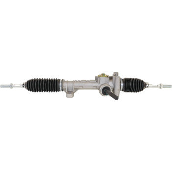 The Steering Rack by Moose Offroad features black rubber boots on each end, a durable central metal housing, and outward-extending tie-rod ends for precise control.