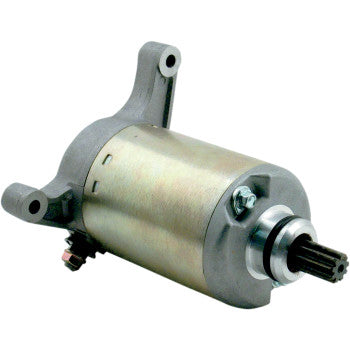 Cylindrical metallic Yamaha starter motor with gray mounting bracket and black gear shaft tip.