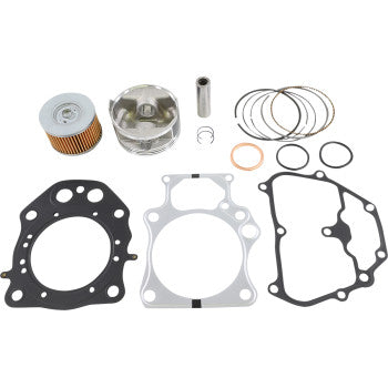 The Honda Top End Kit 86.50 mm by Wsm is displayed neatly on a white background, showing gaskets, piston kit, rings, filter, and seals for 4-stroke motorcycle engines.