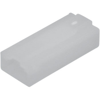 White rectangular plastic 1-position female electrical connector with locking tab.