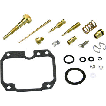 The Yamaha Carburetor Repair Kit by Shindy includes float valves, jet needle sets, brass jets, screws, springs, gaskets, O-rings, and seals neatly arranged on a white background.