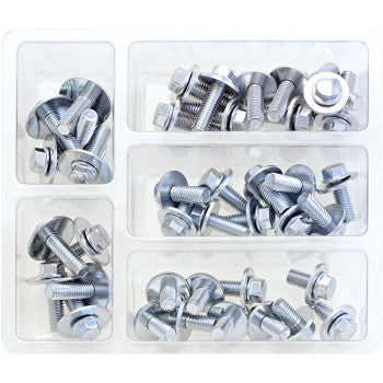The Bolt Assortment Flange by Bolt is a plastic organizer tray with five compartments, containing assorted silver metal M6 bolts, nuts, and fender washers all neatly sorted by size and type.