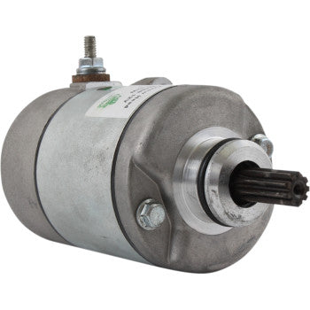 The Starter Motor by Parts Unlimited is cylindrical with a metal housing, visible bolts, a label, and a protruding gear shaft; it includes an insulated armature for enhanced durability.