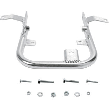 The Yamaha Banshee Grab Bar by DG Performance is a lightweight aluminum alloy bracket with a curved center and four flat mounting tabs, shown with bolts, washers, and nuts—ideal for secure mounting needs.