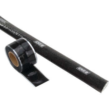 The DEI Fire Sleeve & Tape Kit - 5/8 includes a black self-adhesive tape, shown next to a wrapped pipe with the DEI logo. The shiny tape offers effective heat insulation and fire protection for various applications.