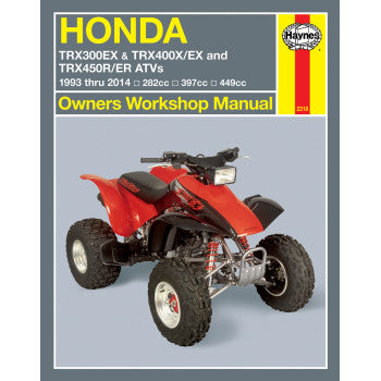 The cover of the X3 Honda TRX TR00 Haynes manual features a red ATV and offers engine rebuild, maintenance, and repair tips for 1993–2014 Honda TRX300EX, TRX400X/EX & TRX450R/ER ATVs.