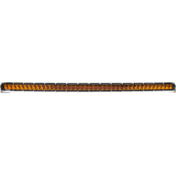 The Light Bar 40" Curved Amber by Heretic is a slim, rectangular amber LED bar with black and silver housing and a stainless steel mount, displayed against a white background.