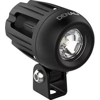A black Denali Light Pod with DataDim™ features a round housing, cooling fins, clear lens, and metal bracket. Equipped with High-Intensity Series Cree LEDs for superior brightness.