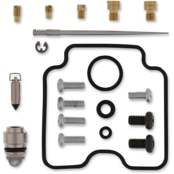 The Polaris Carburetor Repair Kit by Moose Offroad includes assorted screws, gaskets, jets, a needle valve, durable NBR rubber O-rings, and other small metal parts neatly arranged on a white background.