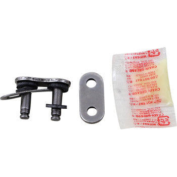 The 520 EXW Master Link by Rk includes two metal link pieces, a small grease packet, and two O-rings, all neatly arranged on a white background.