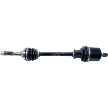 The Polaris Ranger Axle Complete Heavy Duty Rear Left & Right by Demon is a black automotive drive shaft with durable CV joints and rubber boots, designed for efficient power transfer in vehicles.