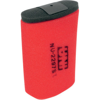 The Yamaha Air Filter by Uni Filter is a red, rectangular two-stage air filter with a black top and small hole, featuring printed text on one side—perfect for the stock airbox.