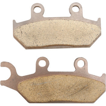 Two Can Am Standard Brake Pads by Dp Brakes, with gold-toned sintered metal friction surfaces and metal backing plates; both feature two circular mounting holes, and one pad has an extra hooked extension—ideal for ATV brake pad replacement.