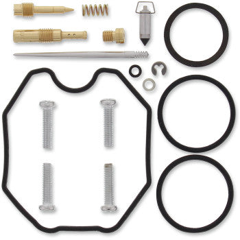 Polaris Carburetor Repair Kit by Moose Offroad displayed on a white background, includes gaskets, screws, springs, NBR rubber O-rings, needle valve, jets, and small metal clips.