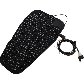 Black ATV seat heater pad with zigzag heating element pattern and attached power cord with connectors.