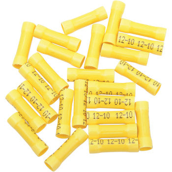 A pile of Namz Butt Splices 10-12 Gauge, 25PK, yellow and heat-sealable with "12-10" in black text, arranged on a white background.