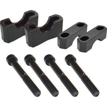 The Universal 7/8" Bar Risers with Bolts 1" by Powermadd include four black bolts and two pairs of black metal brackets with grooves and holes, perfect for mounting or securing 7/8" handlebars as motorcycle or ATV risers.