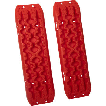The Recovery Traction Boards Red Pair by Moose Offroad features reinforced nylon construction and textured patterns to help tires gain traction in sand, mud, or snow. Multiple edge holes and notches provide secure handling for off-road use.