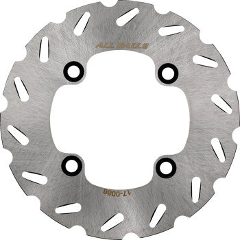 Silver circular metal brake rotor with wave-patterned edges and four black mounting holes.