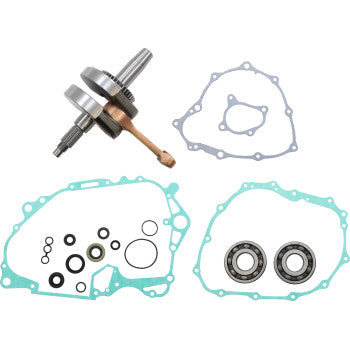 The Honda TRX Crankshaft Kit by Wiseco features a crankshaft assembly, bottom-end gasket kit with gaskets, two ball bearings, and small circular seals, all displayed on a white background.