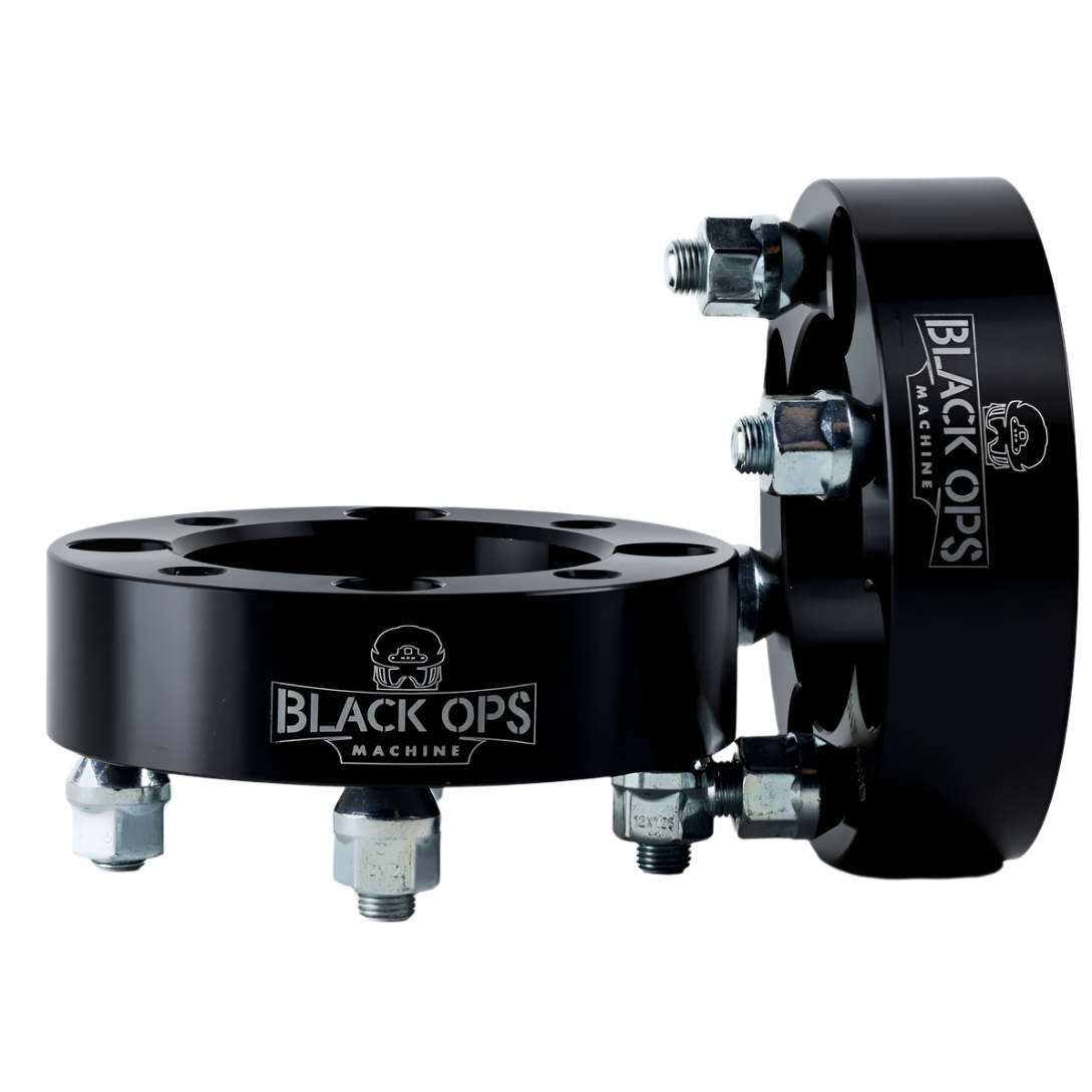 4/110 M12X1.25 Wheel Spacers by Black Ops Machine - 08-60-15 - Front Side by Side Angled Close Up View