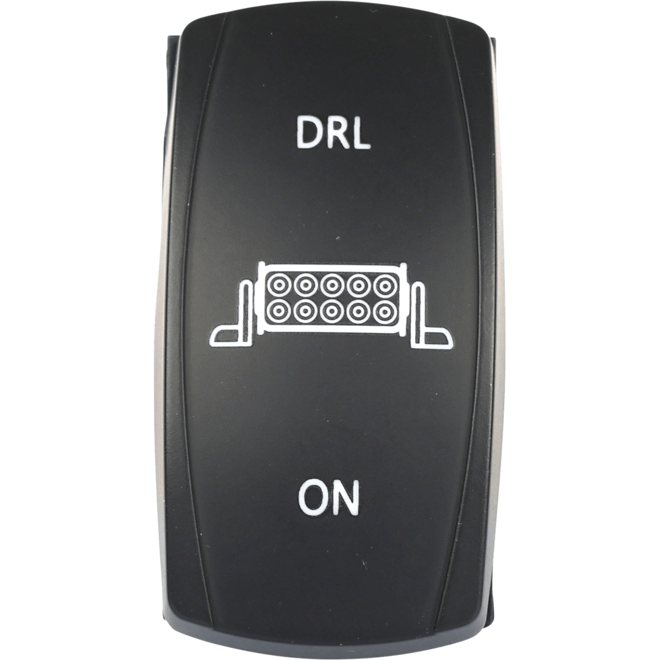 The Drl 3 Position Switch Standard by Open Trail is a black rocker switch labeled DRL and ON, featuring a white lights icon, weather-sealed construction for durability, and quick disconnect terminals for easy daytime running lights installation.
