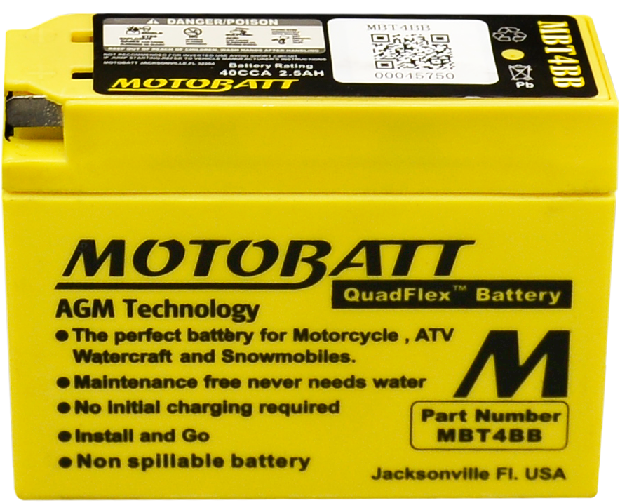 The Mbt4Bb Sealed Factory Activated AGM Battery by MotoBatt features Multi-Terminal Design and AGM technology. Its maintenance-free, non-spillable, and ideal for motorcycles, ATVs, watercraft, and snowmobiles.