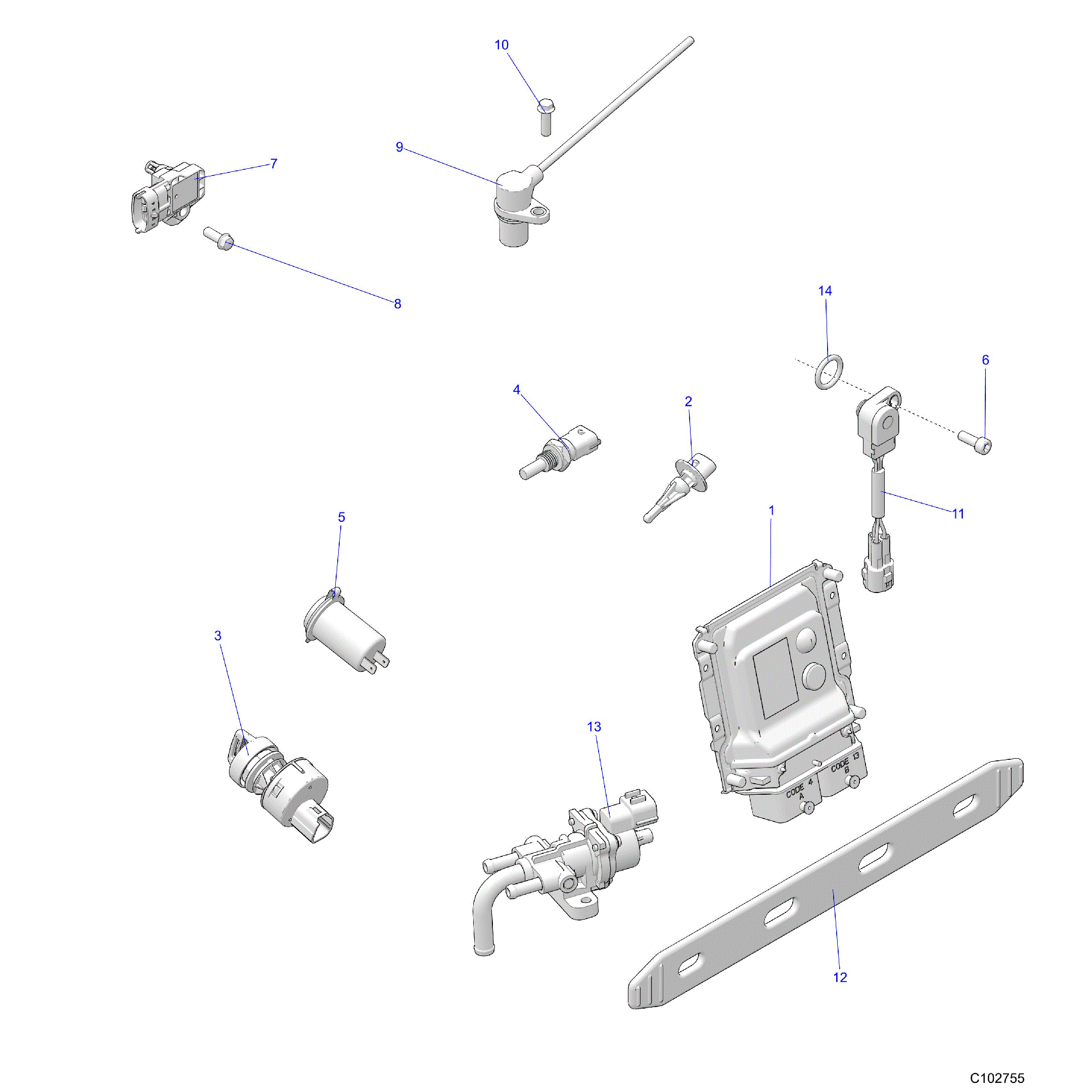 An Image of a Genuine Polaris Parts Schematic Diagram showing the schematic - ELECTRICAL: SWITCHES SENSORS ECU and CONTROL MODULES - 2025 POLARIS SCRAMBLER 850 48"