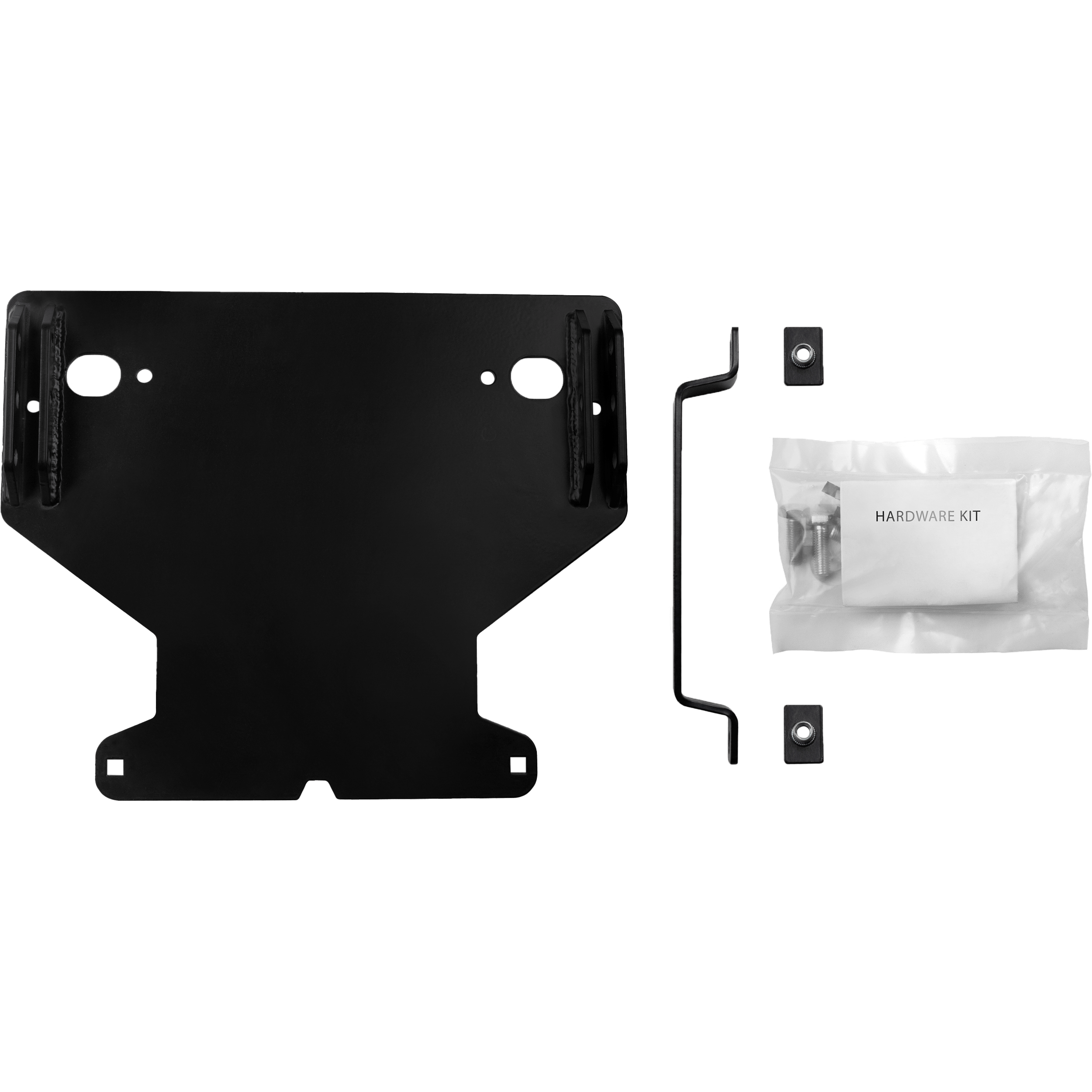 The ATV Plow Mount by Open Trail is shown on a white background with a black metal mounting bracket, L-shaped tool, two small rectangular pieces, and a sealed HARDWARE KIT bag with screws and fasteners.