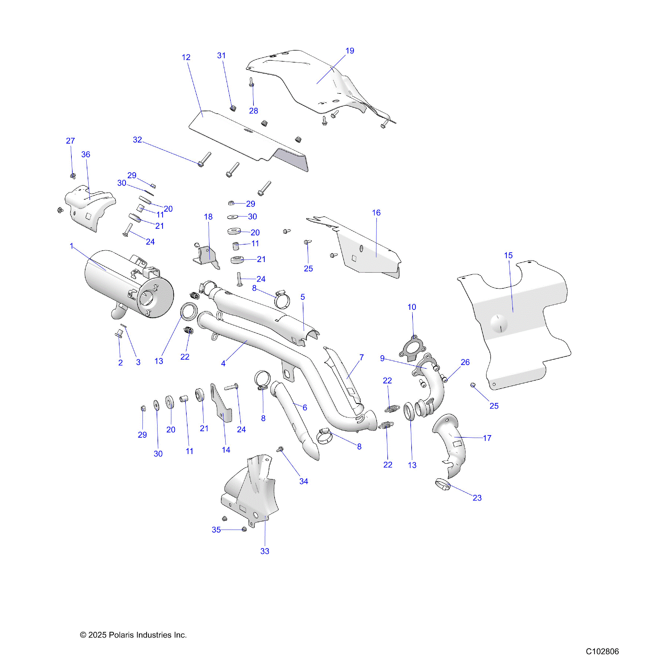 An Image of a Genuine Polaris Parts Schematic Diagram showing the schematic - ENGINE: EXHAUST - 2026 POLARIS SPORTSMAN 570 EPS TRAIL