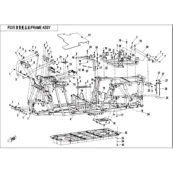 An Image of a Genuine CFMOTO Parts Schematic Diagram showing the schematic - FRAME ASSY - 2016 CFMOTO ZFORCE 500