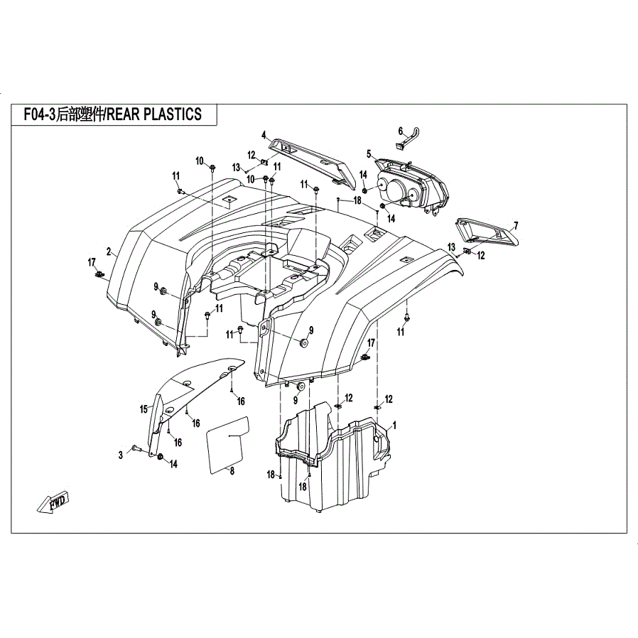 An Image of a genuine CFMOTO Parts Schematic Diagram showing the group - REAR PLASTICS - 2019 CFMOTO CFORCE 500 S