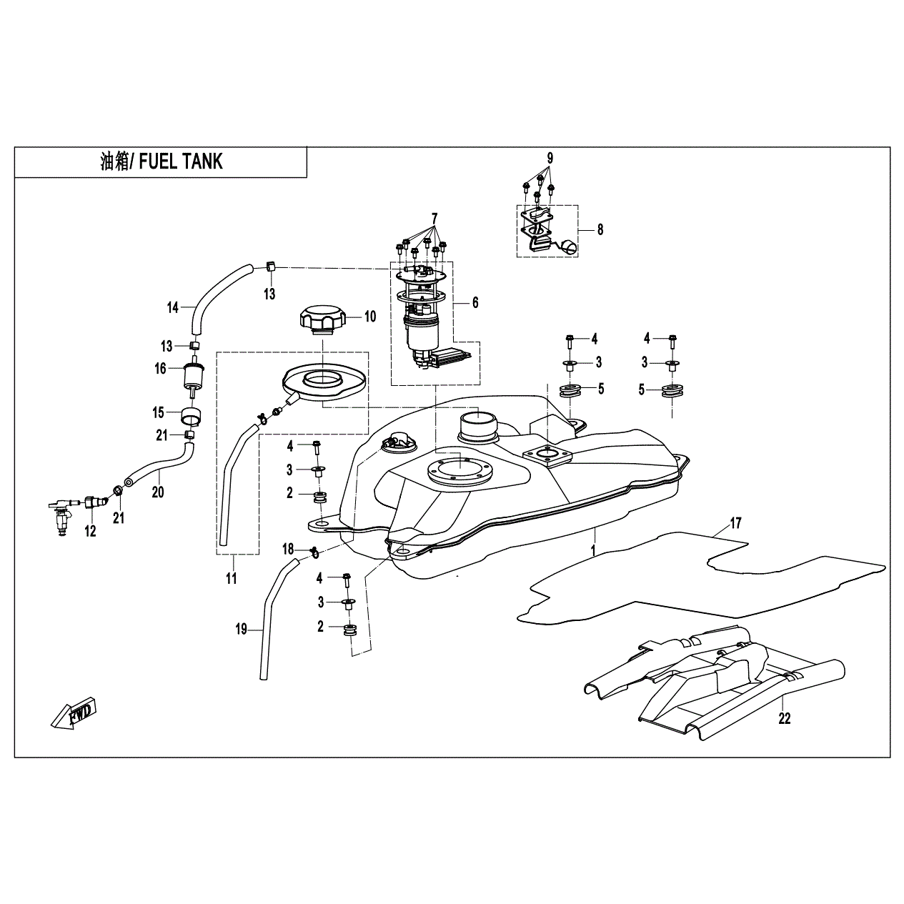 An Image of a genuine CFMOTO Parts Schematic Diagram showing the group - FUEL TANK - 2021 CFMOTO CFORCE 500 S