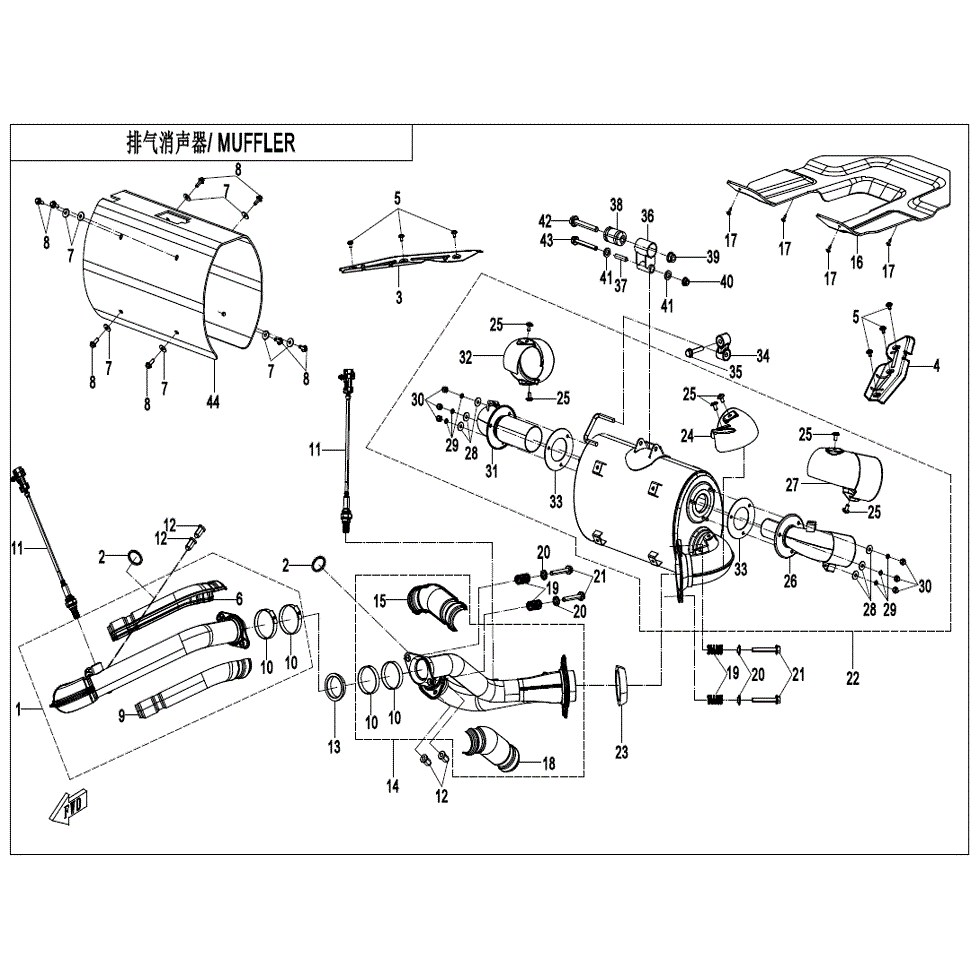 An Image of a Genuine CFMOTO Parts Schematic Diagram showing the schematic - MUFFLER - 2022 CFMOTO ZFORCE 950 HO Sport